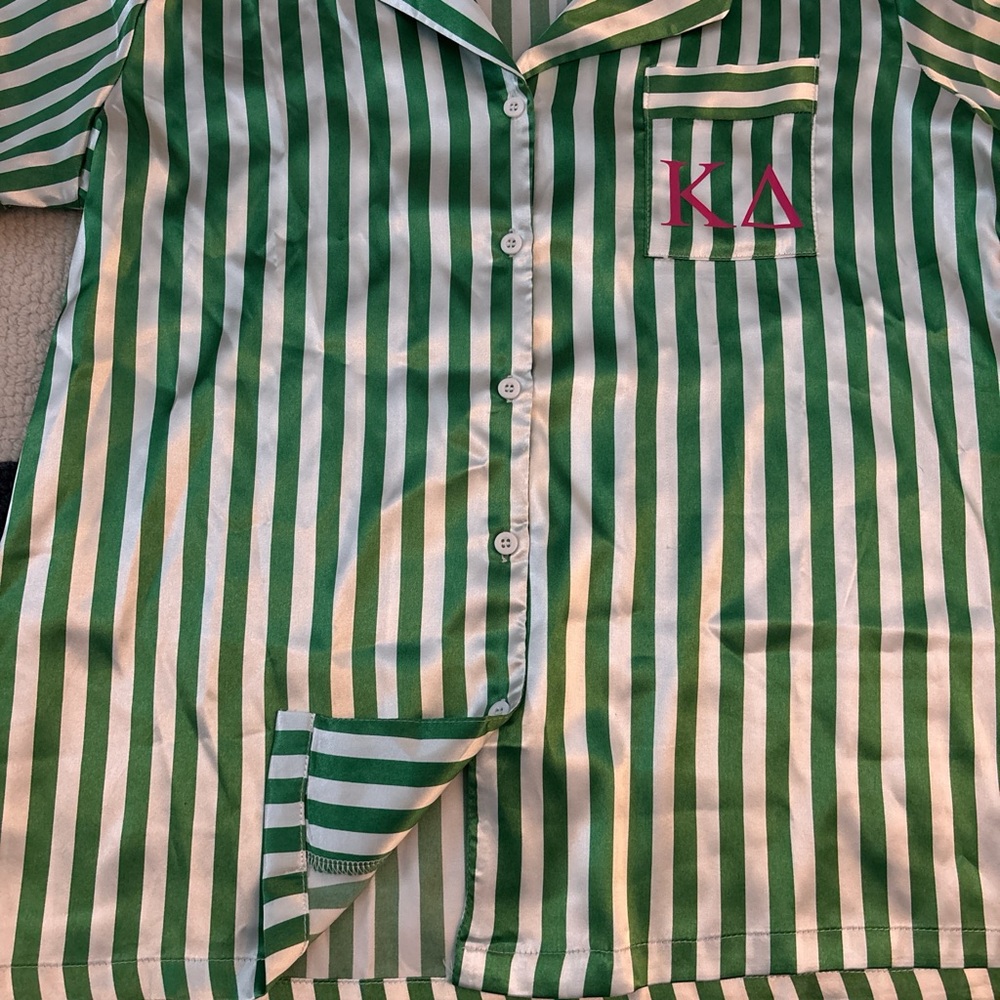 Kappa Delta silk PJ set, Green and White Stripes, Short Sleeve Top & Shorts - Picture 4 of 5